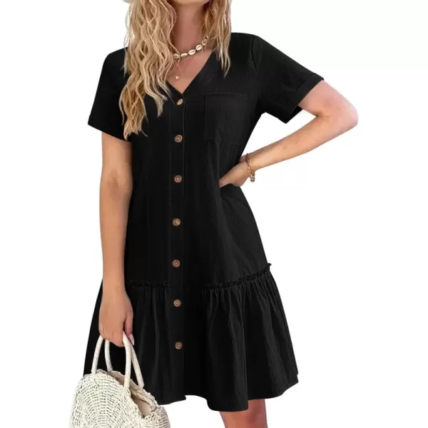 HOTOUCH Women Button Down Dress Loose Summer Cotton Linen Dress Ruffle Hem Casual Dress Short Sleeve Tunic DressBlack