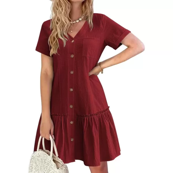 HOTOUCH Women Button Down Dress Loose Summer Cotton Linen Dress Ruffle Hem Casual Dress Short Sleeve Tunic DressBurgundy