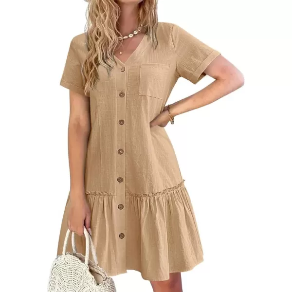 HOTOUCH Women Button Down Dress Loose Summer Cotton Linen Dress Ruffle Hem Casual Dress Short Sleeve Tunic DressCamel