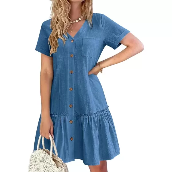 HOTOUCH Women Button Down Dress Loose Summer Cotton Linen Dress Ruffle Hem Casual Dress Short Sleeve Tunic DressDeep Blue