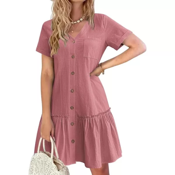 HOTOUCH Women Button Down Dress Loose Summer Cotton Linen Dress Ruffle Hem Casual Dress Short Sleeve Tunic DressDusty Pink