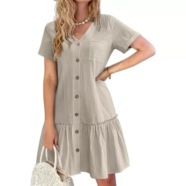 HOTOUCH Women Button Down Dress Loose Summer Cotton Linen Dress Ruffle Hem Casual Dress Short Sleeve Tunic DressKhaki Grey