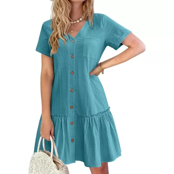 HOTOUCH Women Button Down Dress Loose Summer Cotton Linen Dress Ruffle Hem Casual Dress Short Sleeve Tunic DressLake