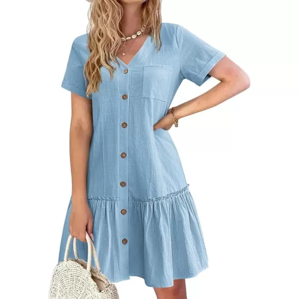 HOTOUCH Women Button Down Dress Loose Summer Cotton Linen Dress Ruffle Hem Casual Dress Short Sleeve Tunic DressLight Blue