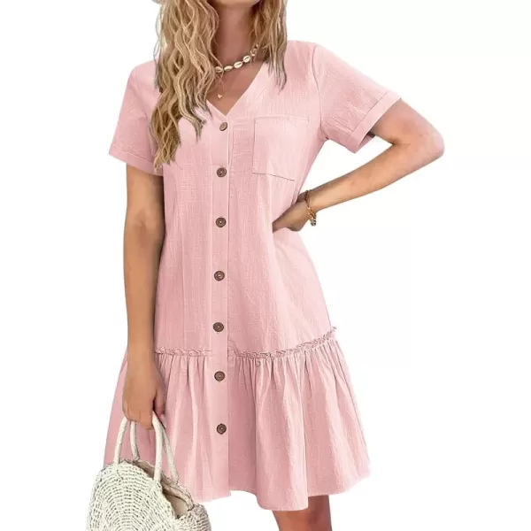 HOTOUCH Women Button Down Dress Loose Summer Cotton Linen Dress Ruffle Hem Casual Dress Short Sleeve Tunic DressLight Pink