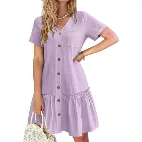 HOTOUCH Women Button Down Dress Loose Summer Cotton Linen Dress Ruffle Hem Casual Dress Short Sleeve Tunic DressLilac