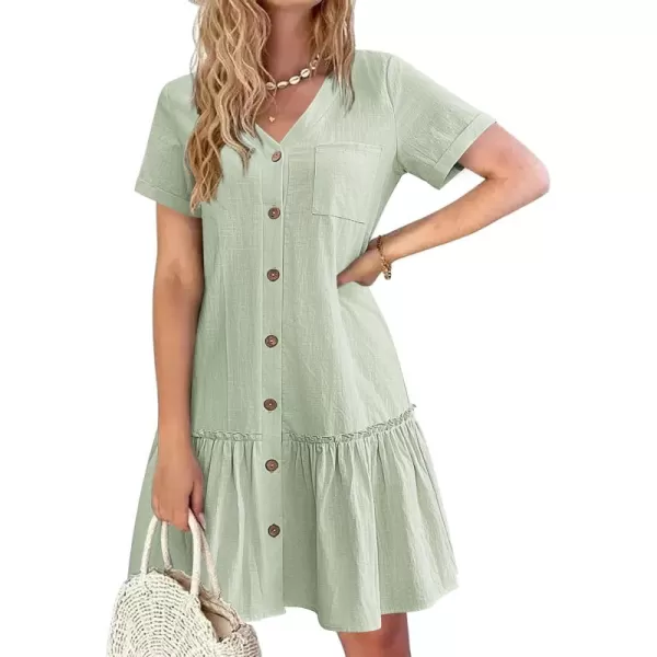 HOTOUCH Women Button Down Dress Loose Summer Cotton Linen Dress Ruffle Hem Casual Dress Short Sleeve Tunic DressMint