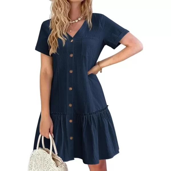 HOTOUCH Women Button Down Dress Loose Summer Cotton Linen Dress Ruffle Hem Casual Dress Short Sleeve Tunic DressNavy Blue