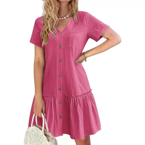 HOTOUCH Women Button Down Dress Loose Summer Cotton Linen Dress Ruffle Hem Casual Dress Short Sleeve Tunic DressRose Pink