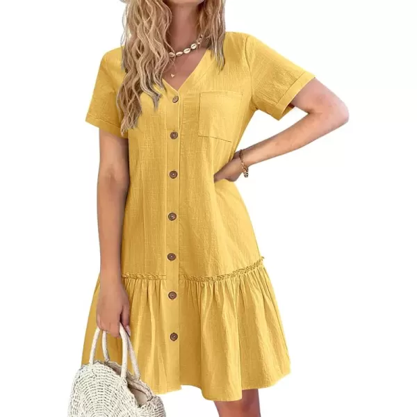 HOTOUCH Women Button Down Dress Loose Summer Cotton Linen Dress Ruffle Hem Casual Dress Short Sleeve Tunic DressYellow