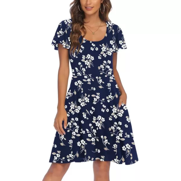 HOTOUCH Womens Casual Dress Floral Summer Dress Ruffle Sleeve Crewneck Flowy Swing Mini Dresses with PocketsNavy Blue