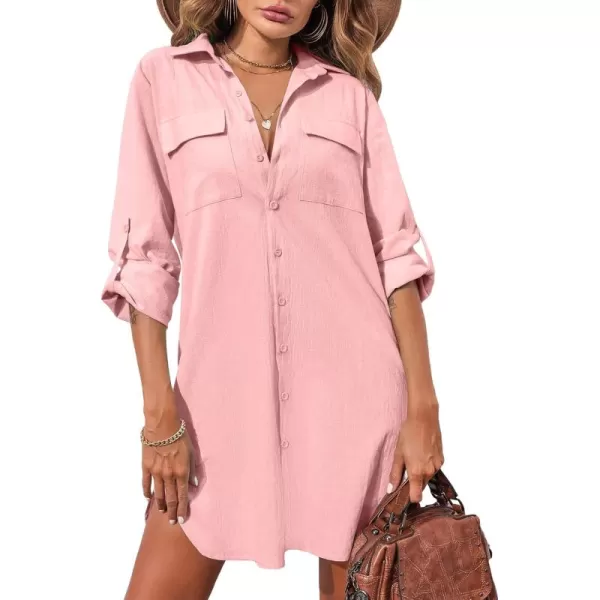 HOTOUCH Womens Oversized Button Down Shirt Dress with Pockets Long Sleeve Cotton Linen Cover Ups Casual Tunic Blouse TopMisty Rose