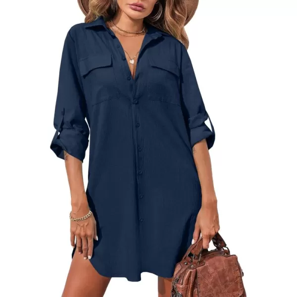 HOTOUCH Womens Oversized Button Down Shirt Dress with Pockets Long Sleeve Cotton Linen Cover Ups Casual Tunic Blouse TopNavy