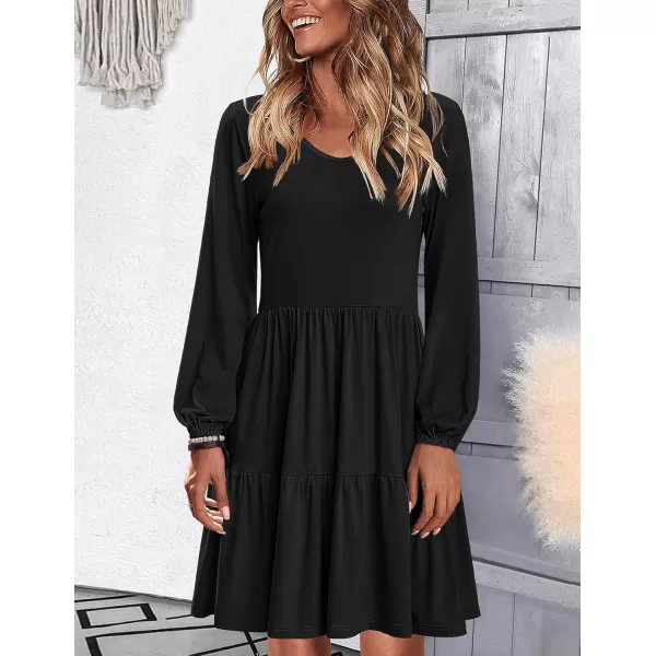 HOTOUCH Women Casual Tunic Dress V Neck Tiered Dress Long Sleeve Fit Swing Shift Dress with Pockets Loose Ruffled DressesAablack