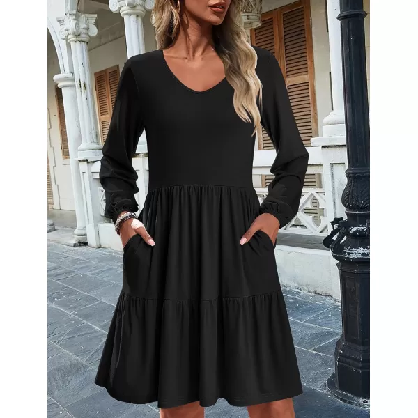 HOTOUCH Women Casual Tunic Dress V Neck Tiered Dress Long Sleeve Fit Swing Shift Dress with Pockets Loose Ruffled DressesAablack