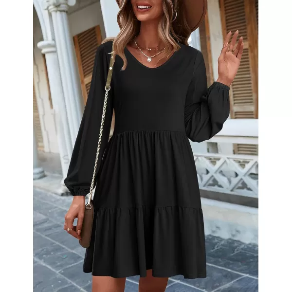 HOTOUCH Women Casual Tunic Dress V Neck Tiered Dress Long Sleeve Fit Swing Shift Dress with Pockets Loose Ruffled DressesAablack