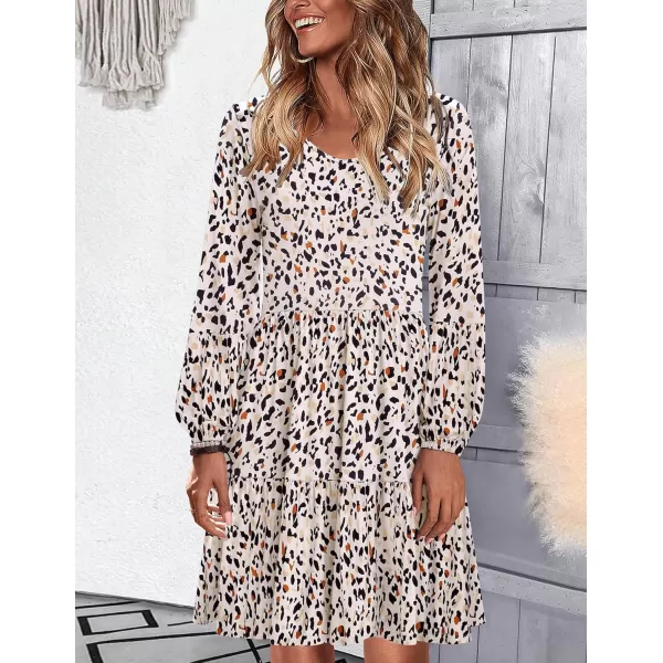 HOTOUCH Women Casual Tunic Dress V Neck Tiered Dress Long Sleeve Fit Swing Shift Dress with Pockets Loose Ruffled DressesApricotprinted