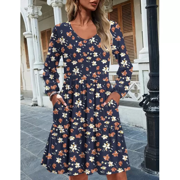 HOTOUCH Women Casual Tunic Dress V Neck Tiered Dress Long Sleeve Fit Swing Shift Dress with Pockets Loose Ruffled DressesBlueprinted