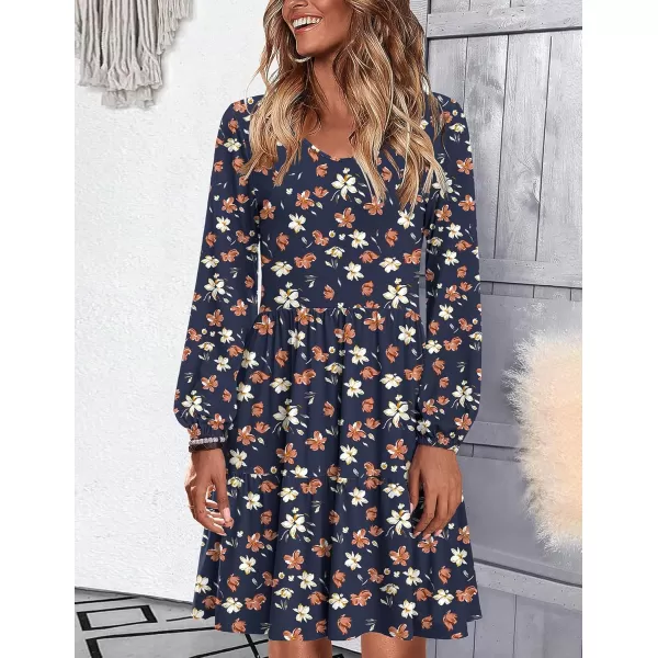 HOTOUCH Women Casual Tunic Dress V Neck Tiered Dress Long Sleeve Fit Swing Shift Dress with Pockets Loose Ruffled DressesBlueprinted