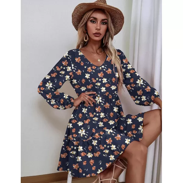 HOTOUCH Women Casual Tunic Dress V Neck Tiered Dress Long Sleeve Fit Swing Shift Dress with Pockets Loose Ruffled DressesBlueprinted