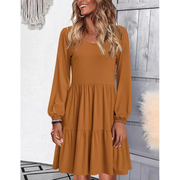 HOTOUCH Women Casual Tunic Dress V Neck Tiered Dress Long Sleeve Fit Swing Shift Dress with Pockets Loose Ruffled DressesBrown