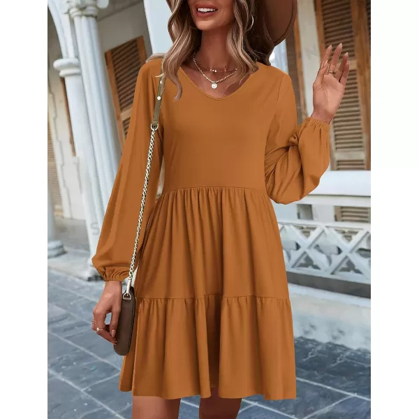 HOTOUCH Women Casual Tunic Dress V Neck Tiered Dress Long Sleeve Fit Swing Shift Dress with Pockets Loose Ruffled DressesBrown