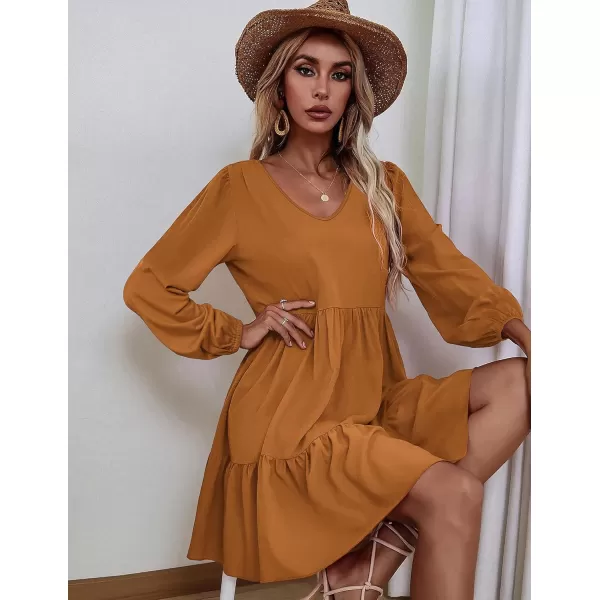 HOTOUCH Women Casual Tunic Dress V Neck Tiered Dress Long Sleeve Fit Swing Shift Dress with Pockets Loose Ruffled DressesBrown