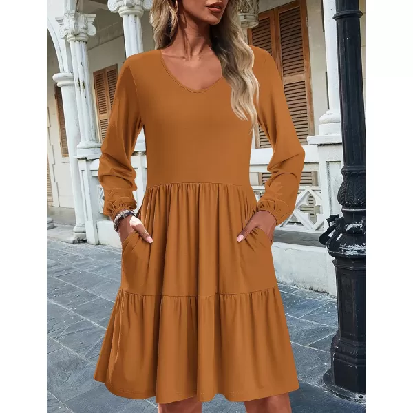 HOTOUCH Women Casual Tunic Dress V Neck Tiered Dress Long Sleeve Fit Swing Shift Dress with Pockets Loose Ruffled DressesBrown