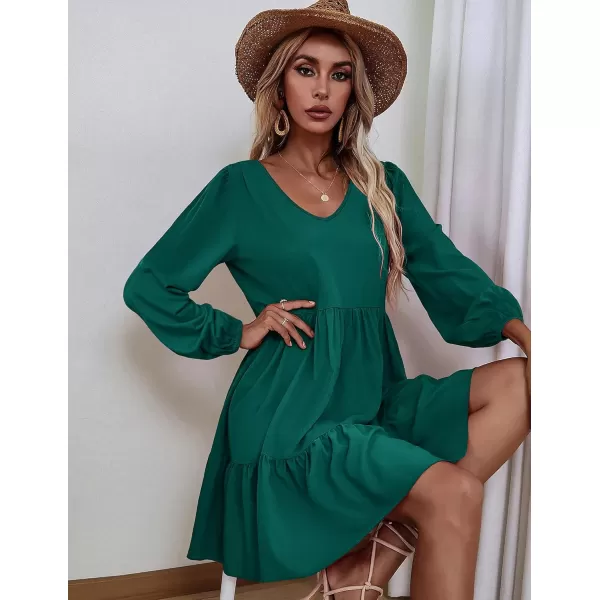 HOTOUCH Women Casual Tunic Dress V Neck Tiered Dress Long Sleeve Fit Swing Shift Dress with Pockets Loose Ruffled DressesDark Green