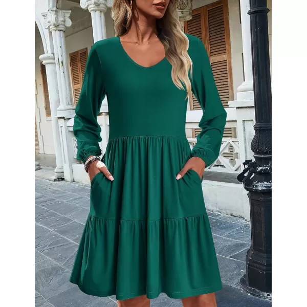 HOTOUCH Women Casual Tunic Dress V Neck Tiered Dress Long Sleeve Fit Swing Shift Dress with Pockets Loose Ruffled DressesDark Green