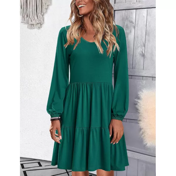 HOTOUCH Women Casual Tunic Dress V Neck Tiered Dress Long Sleeve Fit Swing Shift Dress with Pockets Loose Ruffled DressesDark Green