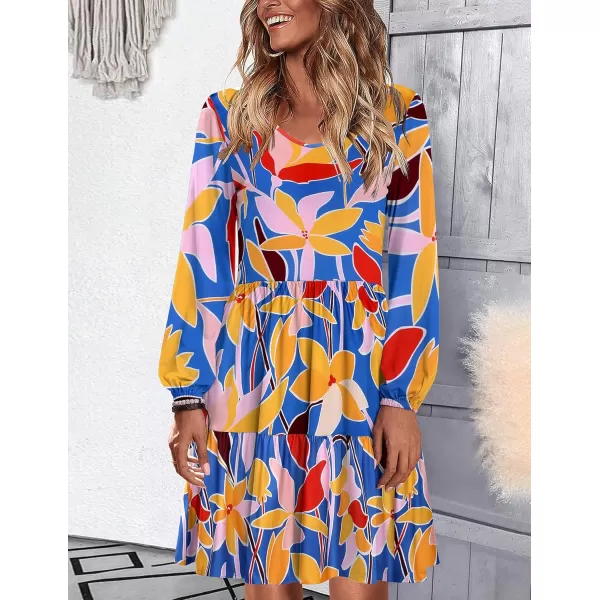 HOTOUCH Women Casual Tunic Dress V Neck Tiered Dress Long Sleeve Fit Swing Shift Dress with Pockets Loose Ruffled DressesFloralprinted