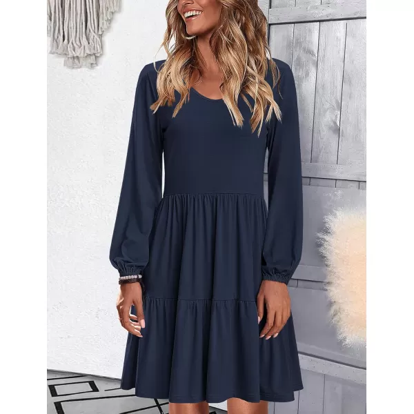 HOTOUCH Women Casual Tunic Dress V Neck Tiered Dress Long Sleeve Fit Swing Shift Dress with Pockets Loose Ruffled DressesNavy Blue