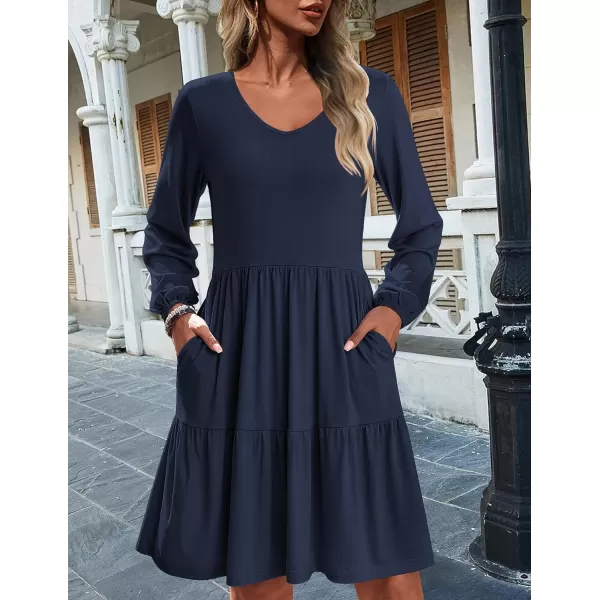 HOTOUCH Women Casual Tunic Dress V Neck Tiered Dress Long Sleeve Fit Swing Shift Dress with Pockets Loose Ruffled DressesNavy Blue