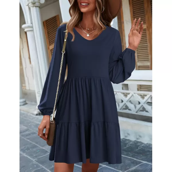 HOTOUCH Women Casual Tunic Dress V Neck Tiered Dress Long Sleeve Fit Swing Shift Dress with Pockets Loose Ruffled DressesNavy Blue