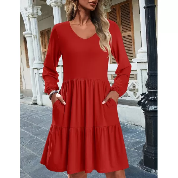 HOTOUCH Women Casual Tunic Dress V Neck Tiered Dress Long Sleeve Fit Swing Shift Dress with Pockets Loose Ruffled DressesRed