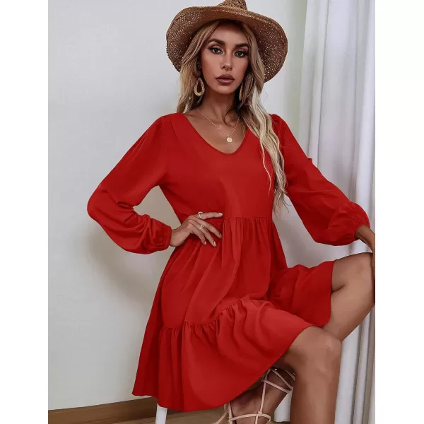 HOTOUCH Women Casual Tunic Dress V Neck Tiered Dress Long Sleeve Fit Swing Shift Dress with Pockets Loose Ruffled DressesRed