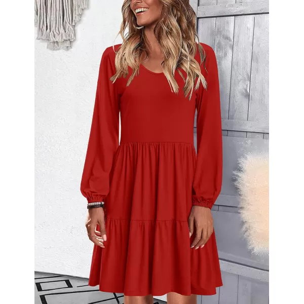 HOTOUCH Women Casual Tunic Dress V Neck Tiered Dress Long Sleeve Fit Swing Shift Dress with Pockets Loose Ruffled DressesRed