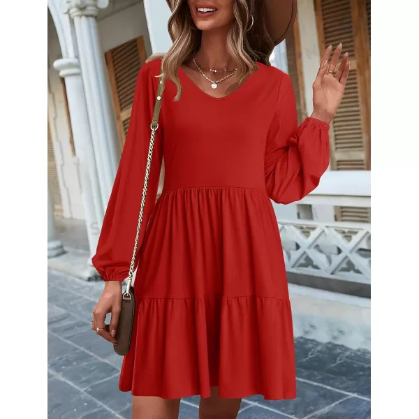 HOTOUCH Women Casual Tunic Dress V Neck Tiered Dress Long Sleeve Fit Swing Shift Dress with Pockets Loose Ruffled DressesRed