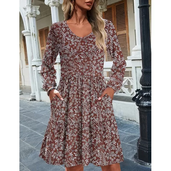 HOTOUCH Women Casual Tunic Dress V Neck Tiered Dress Long Sleeve Fit Swing Shift Dress with Pockets Loose Ruffled DressesRedprinted