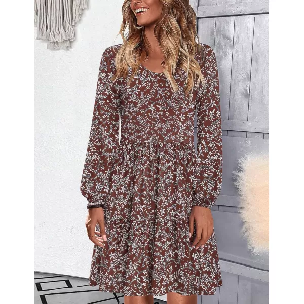 HOTOUCH Women Casual Tunic Dress V Neck Tiered Dress Long Sleeve Fit Swing Shift Dress with Pockets Loose Ruffled DressesRedprinted