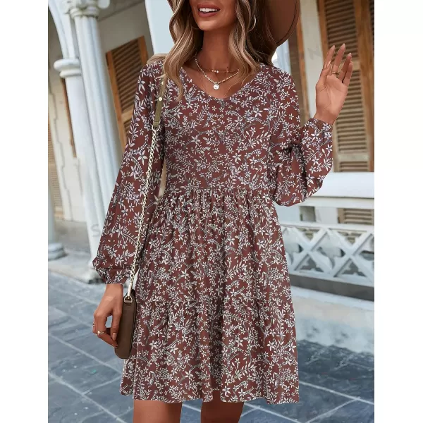 HOTOUCH Women Casual Tunic Dress V Neck Tiered Dress Long Sleeve Fit Swing Shift Dress with Pockets Loose Ruffled DressesRedprinted