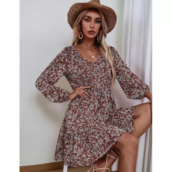 HOTOUCH Women Casual Tunic Dress V Neck Tiered Dress Long Sleeve Fit Swing Shift Dress with Pockets Loose Ruffled DressesRedprinted