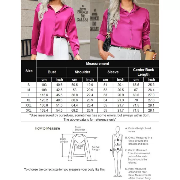 HOTOUCH Women Satin Silk Button Down Shirt Ladies Long Sleeve Tops V Neck Loose Blouse Dressy Business Casual Work Tunic FallAhot Pink