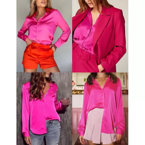 HOTOUCH Women Satin Silk Button Down Shirt Ladies Long Sleeve Tops V Neck Loose Blouse Dressy Business Casual Work Tunic FallAhot Pink