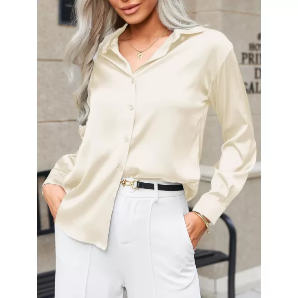 HOTOUCH Women Satin Silk Button Down Shirt Ladies Long Sleeve Tops V Neck Loose Blouse Dressy Business Casual Work Tunic FallBeige