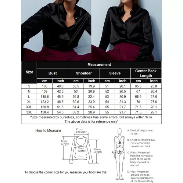 HOTOUCH Women Satin Silk Button Down Shirt Ladies Long Sleeve Tops V Neck Loose Blouse Dressy Business Casual Work Tunic FallBlack