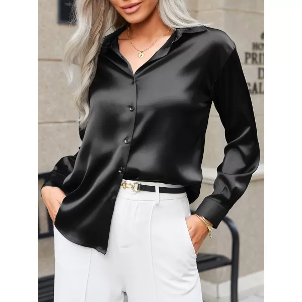 HOTOUCH Women Satin Silk Button Down Shirt Ladies Long Sleeve Tops V Neck Loose Blouse Dressy Business Casual Work Tunic FallBlack