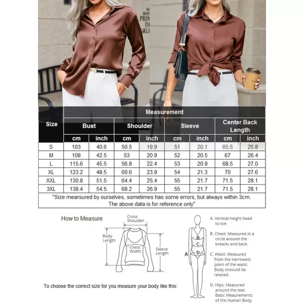 HOTOUCH Women Satin Silk Button Down Shirt Ladies Long Sleeve Tops V Neck Loose Blouse Dressy Business Casual Work Tunic FallBrown