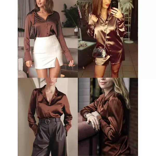 HOTOUCH Women Satin Silk Button Down Shirt Ladies Long Sleeve Tops V Neck Loose Blouse Dressy Business Casual Work Tunic FallBrown